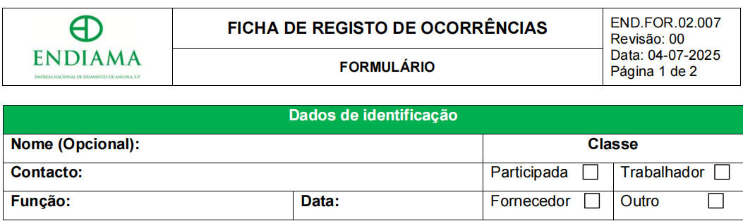 Formulário-Ficha de Registo de Ocorrências
