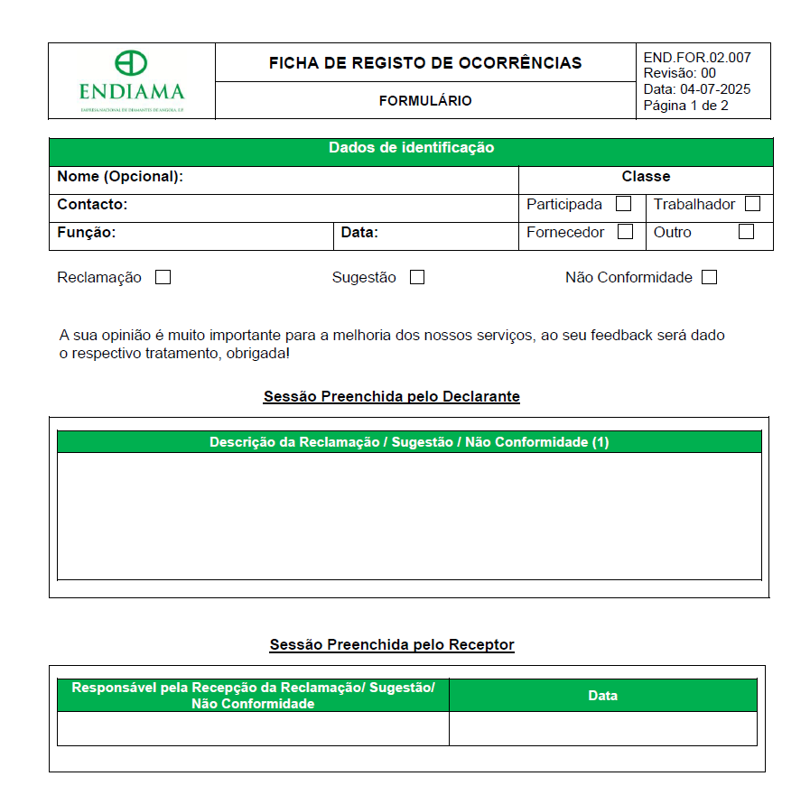Ficha de Registo de Ocorrências